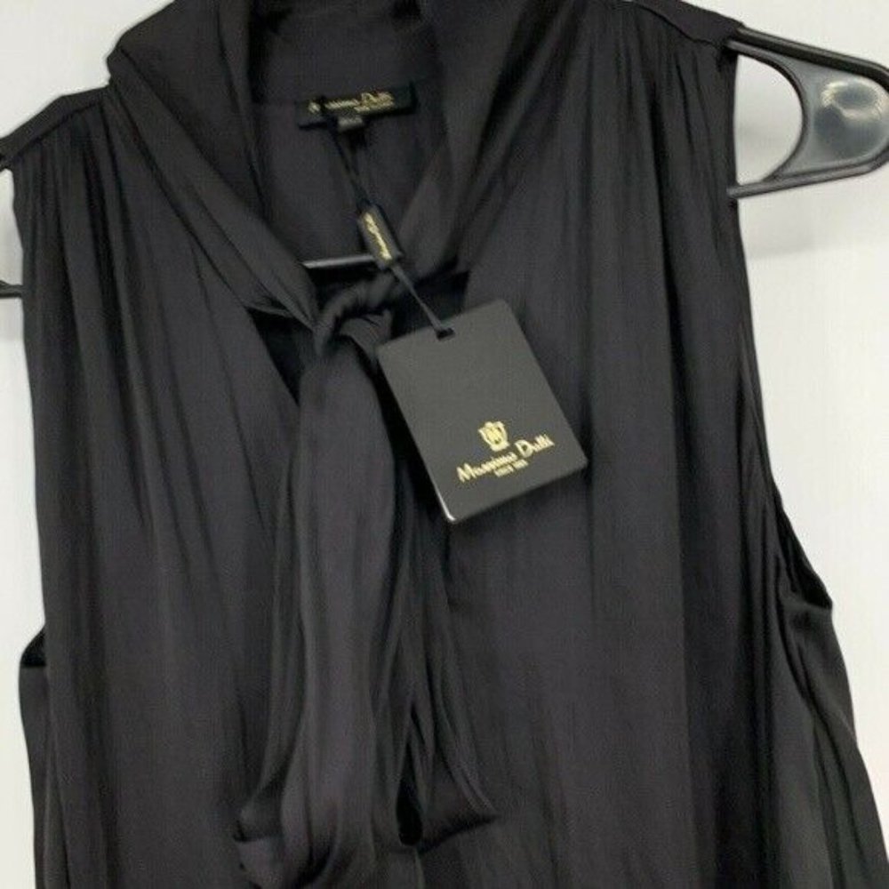 Massimo Dutti Maxi Dress Black Satin Sleeveless Tie Neck Fringe Slit - Picture 4 of 10